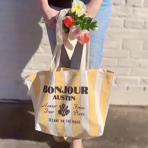 Sezane Bonjour Austin On The Road Striped Canvas Tote Bag in Yellow and Cream - Picture 3 of 7